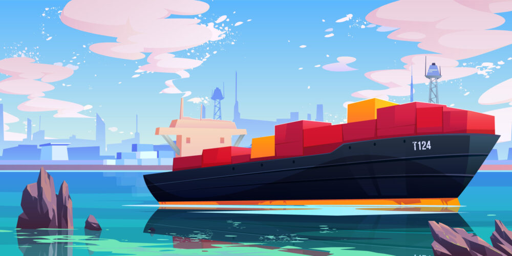 Cargo ship in sea port dock, industrial vessel with containers freight in harbor shipyard, goods import and export maritime logistic service Commercial ocean transportation Cartoon vector illustration